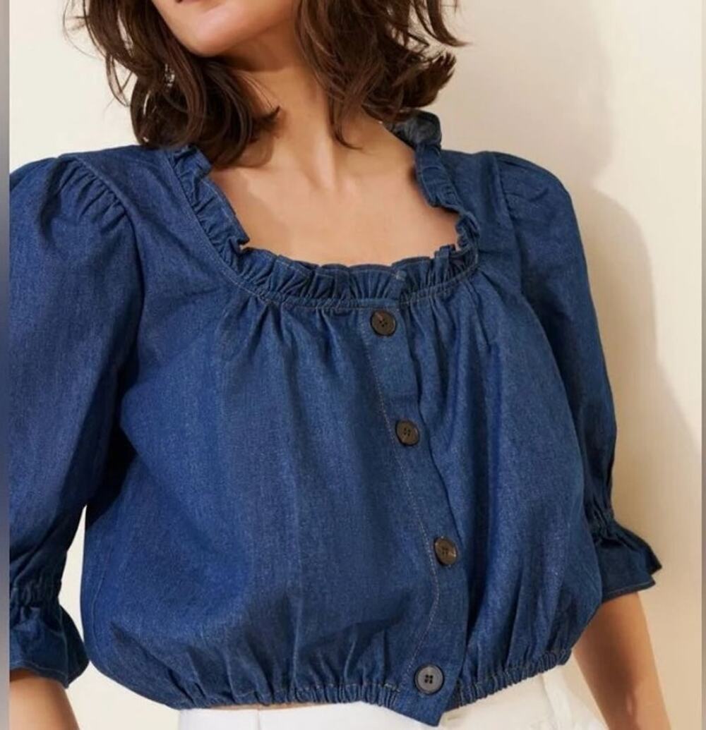Toit Volant Alex Denim Crop Blouse Ruffle Square Neck Puff Sleeve XL Blue